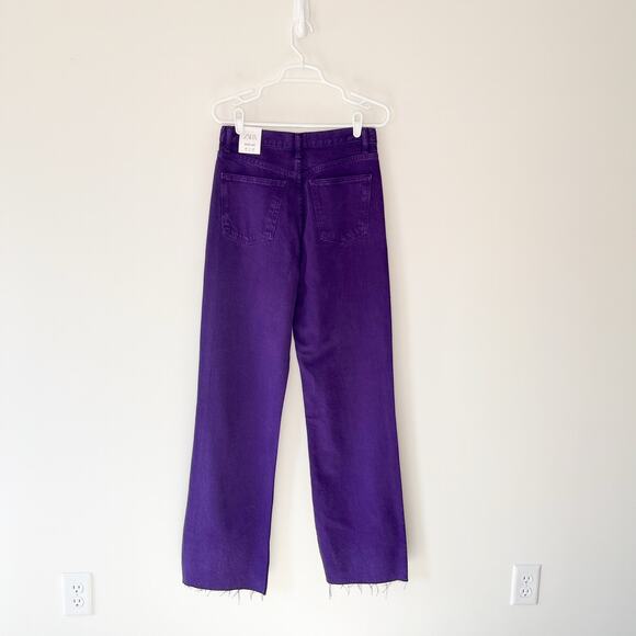 Zara NWT High-Rise Full Length Wide Leg Raw Hem Purple Denim Jeans, Size 4 - Picture 6 of 15
